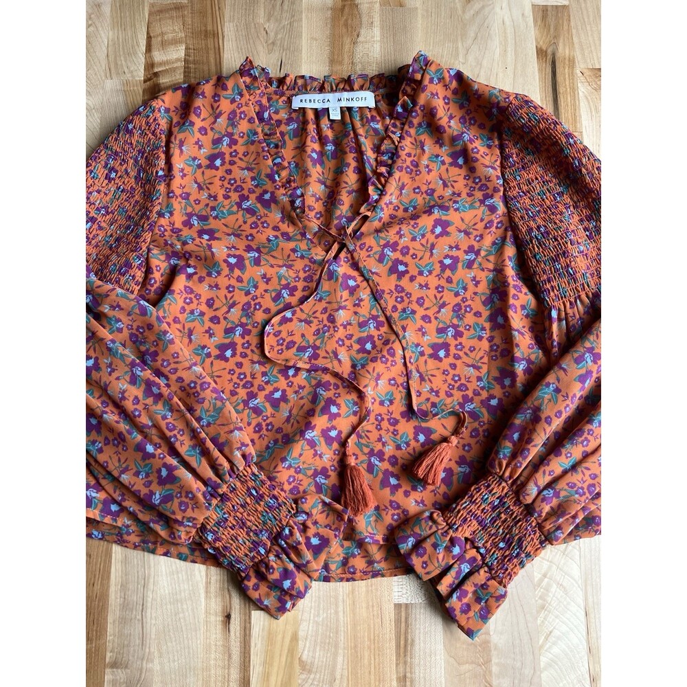 Rebecca Minkoff Long Sleeve Crop Ruffle Smocked Blouse Floral Peasant Orange XS